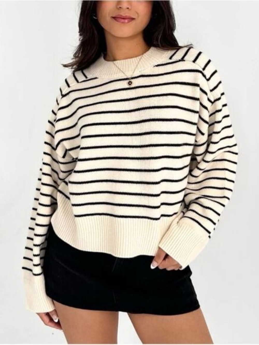 Zara Cream and Navy Striped Crew Sweater